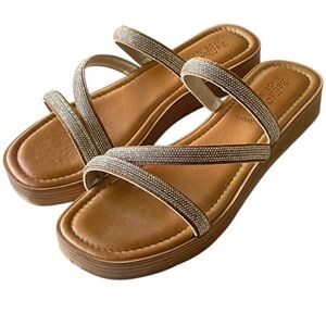 BELLE VITA Rhinestone Triple Strap Slip On Summer Sandals Brown Womens Size 10WW